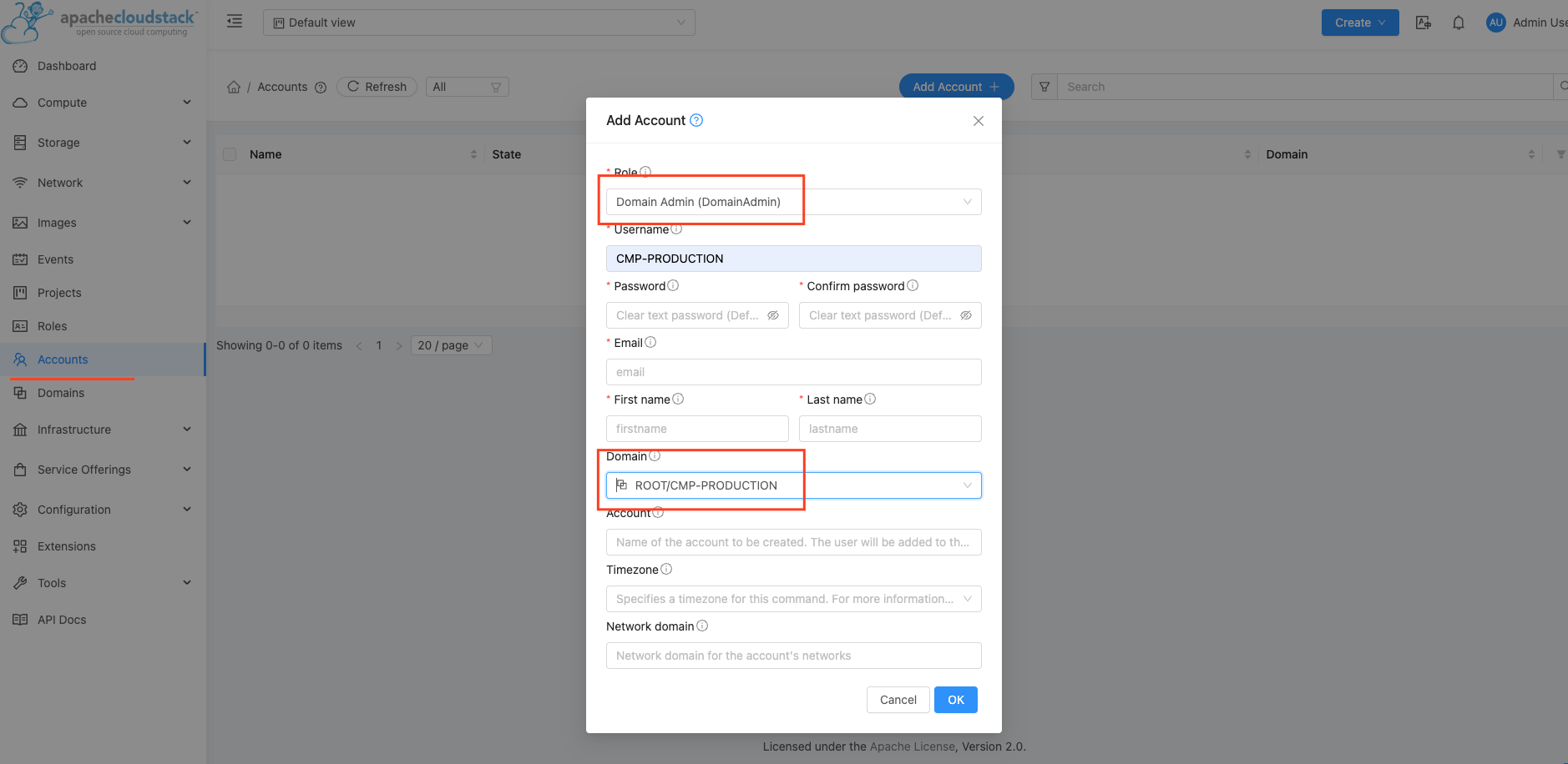 Screenshot: CloudStack — Add Account form with DomainAdmin role selected