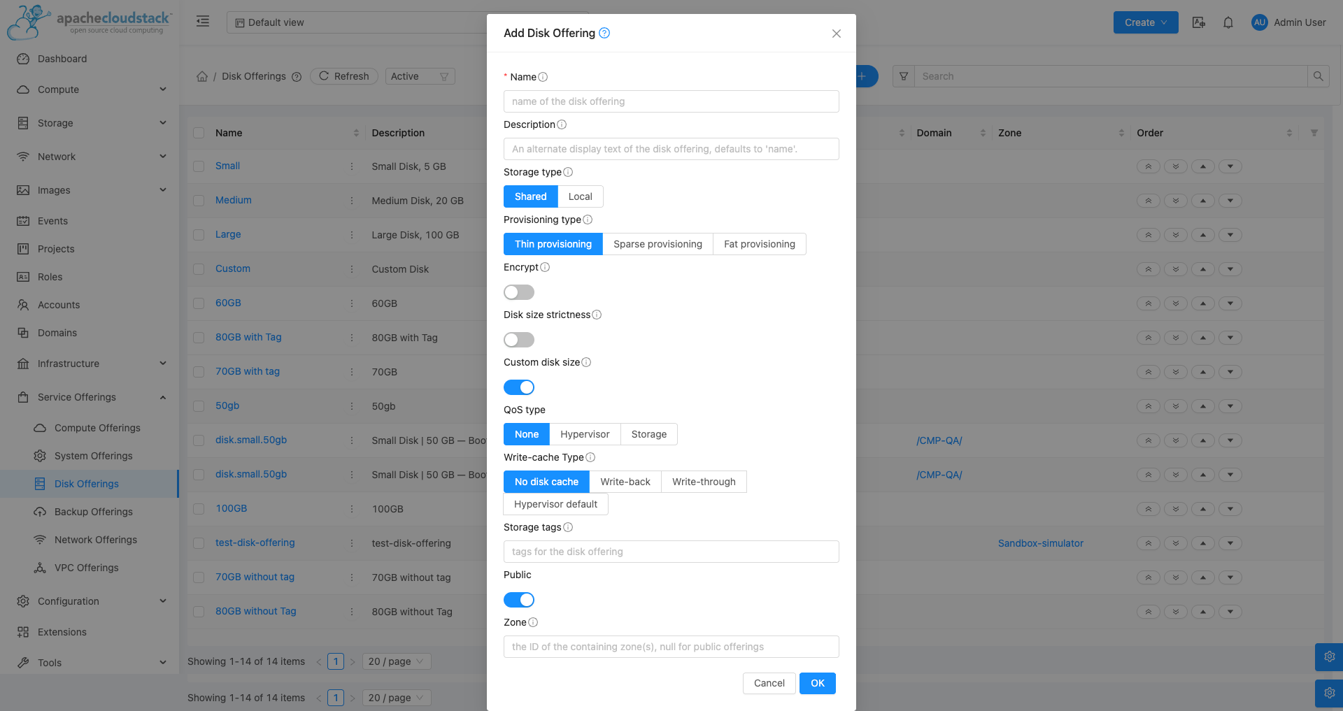 Screenshot: CloudStack — Add Disk Offering with storage tags