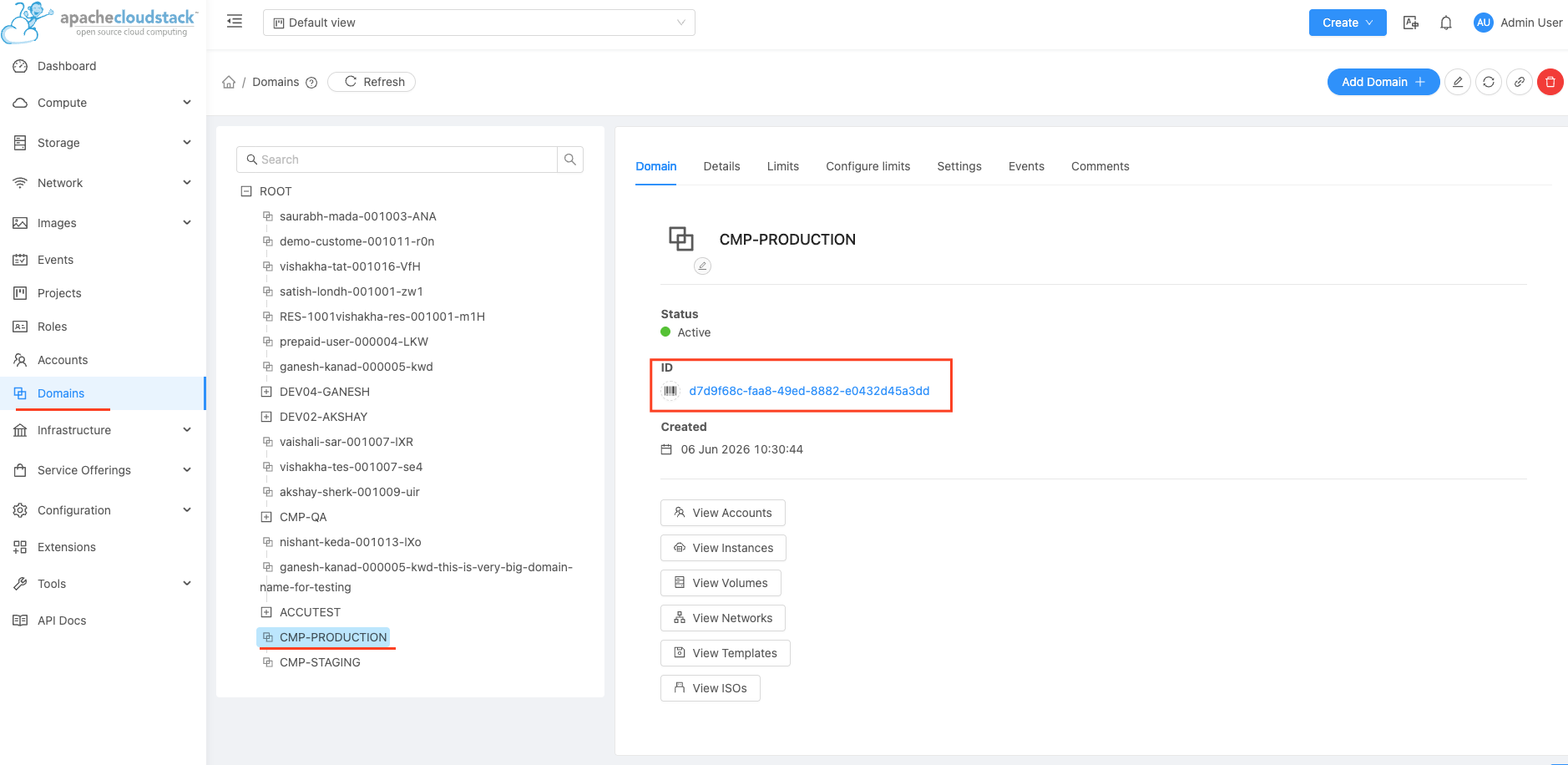 Screenshot: CloudStack — CMP-PROD domain detail panel showing Domain ID