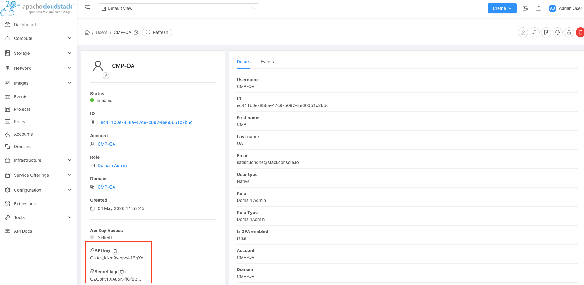 Screenshot: CloudStack — User detail page with Generate Keys and API Key/Secret displayed