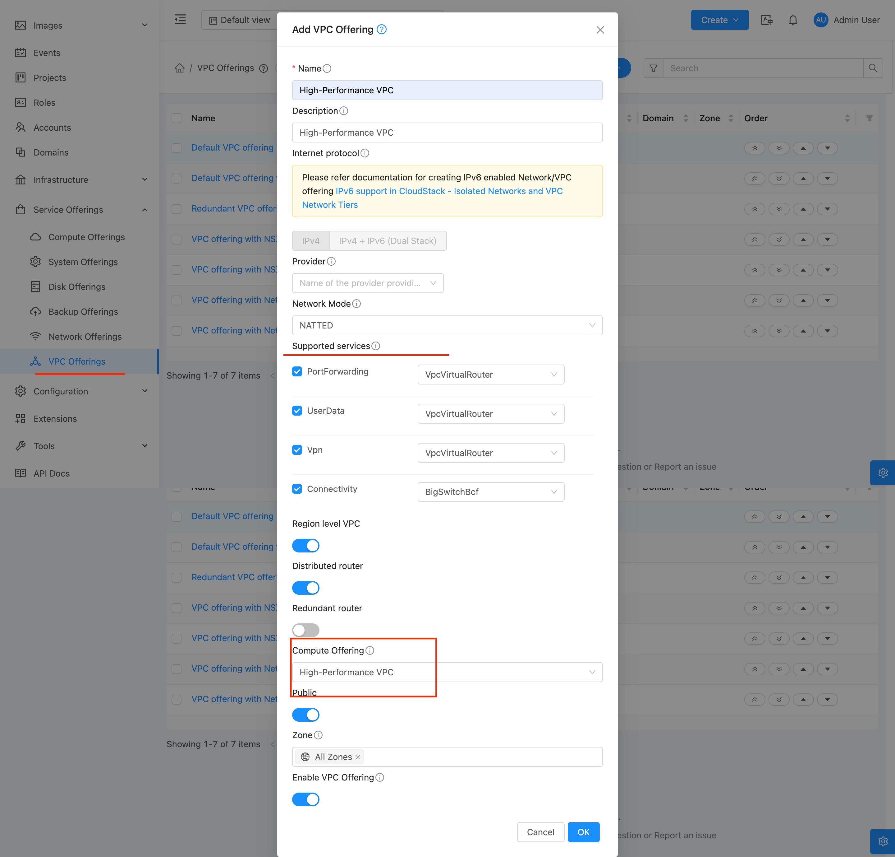 Screenshot: CloudStack — Add VPC Offering with system service offering linked