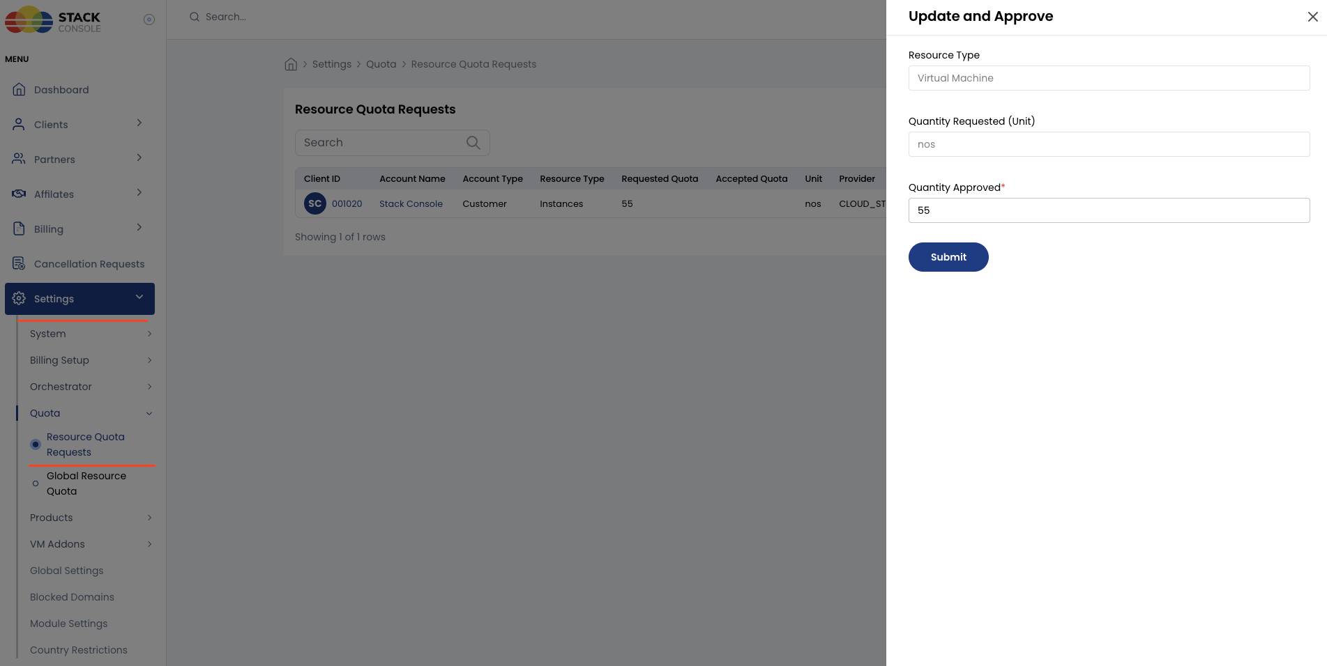 Screenshot: CMP admin — Approve quota request