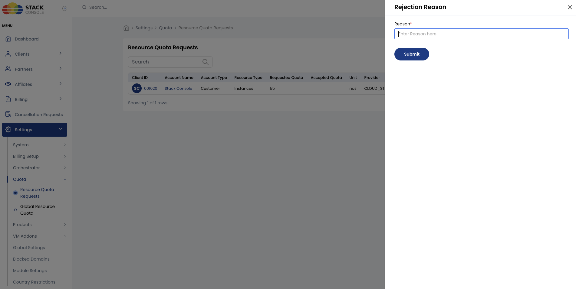 Screenshot: CMP admin — Reject quota request