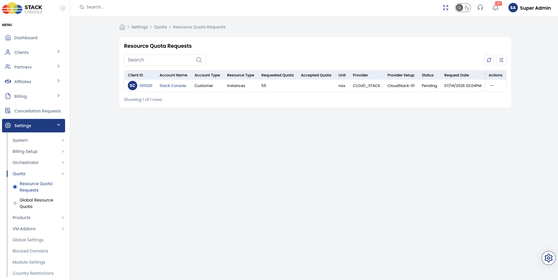 Screenshot: CMP admin — Quota Requests list