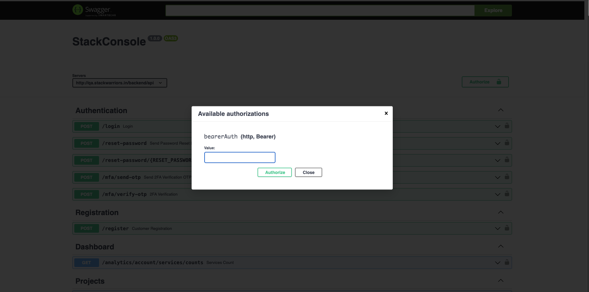 Screenshot: CMP — API docs Authorization Bearer Token