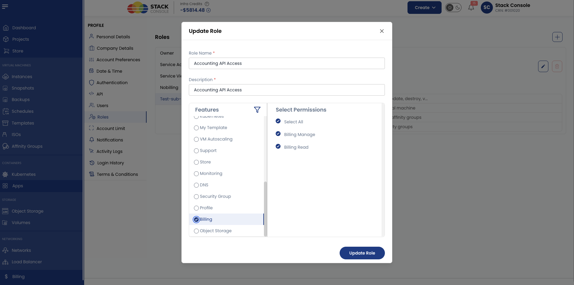 Screenshot: CMP — Role permissions under Billing Setup