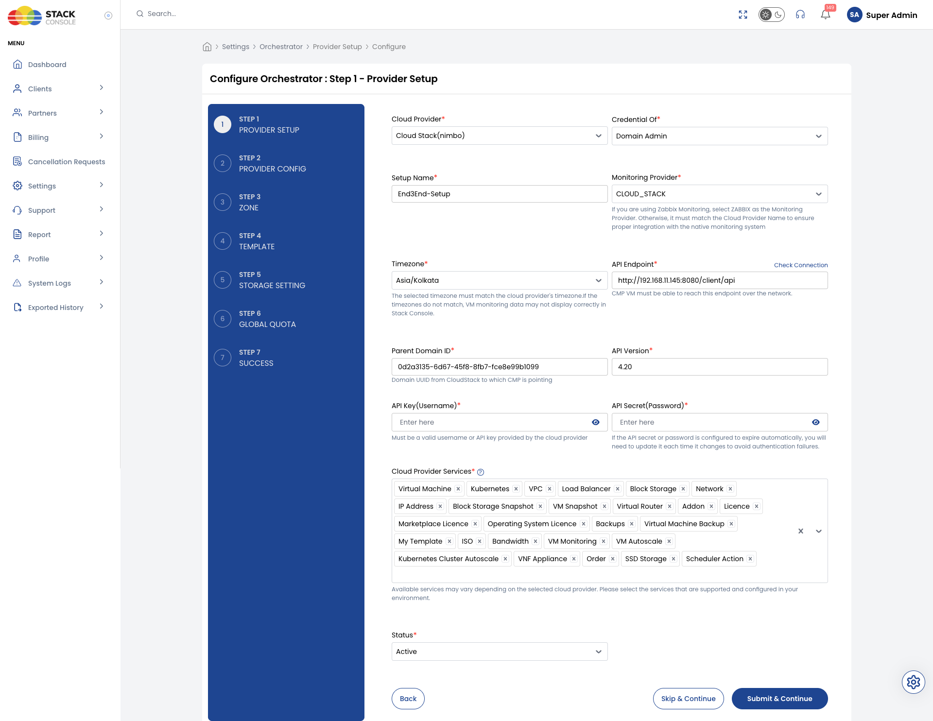Screenshot: CMP — Step 1 Provider Setup form