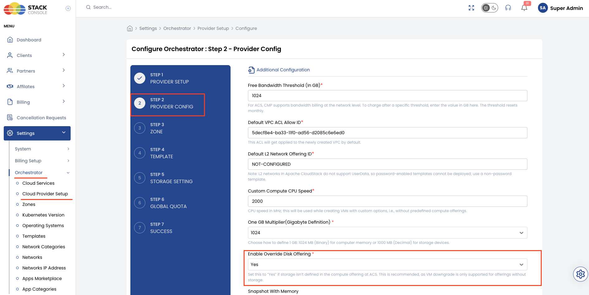 Screenshot: CMP — Provider Config with Enable Override Disk Offering set to Yes