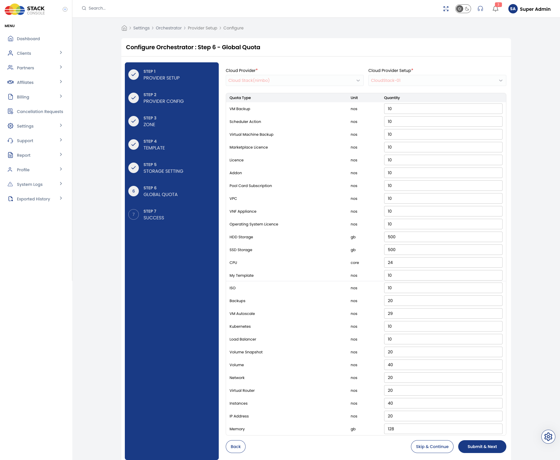 Screenshot: CMP — Step 6 Global Quota form