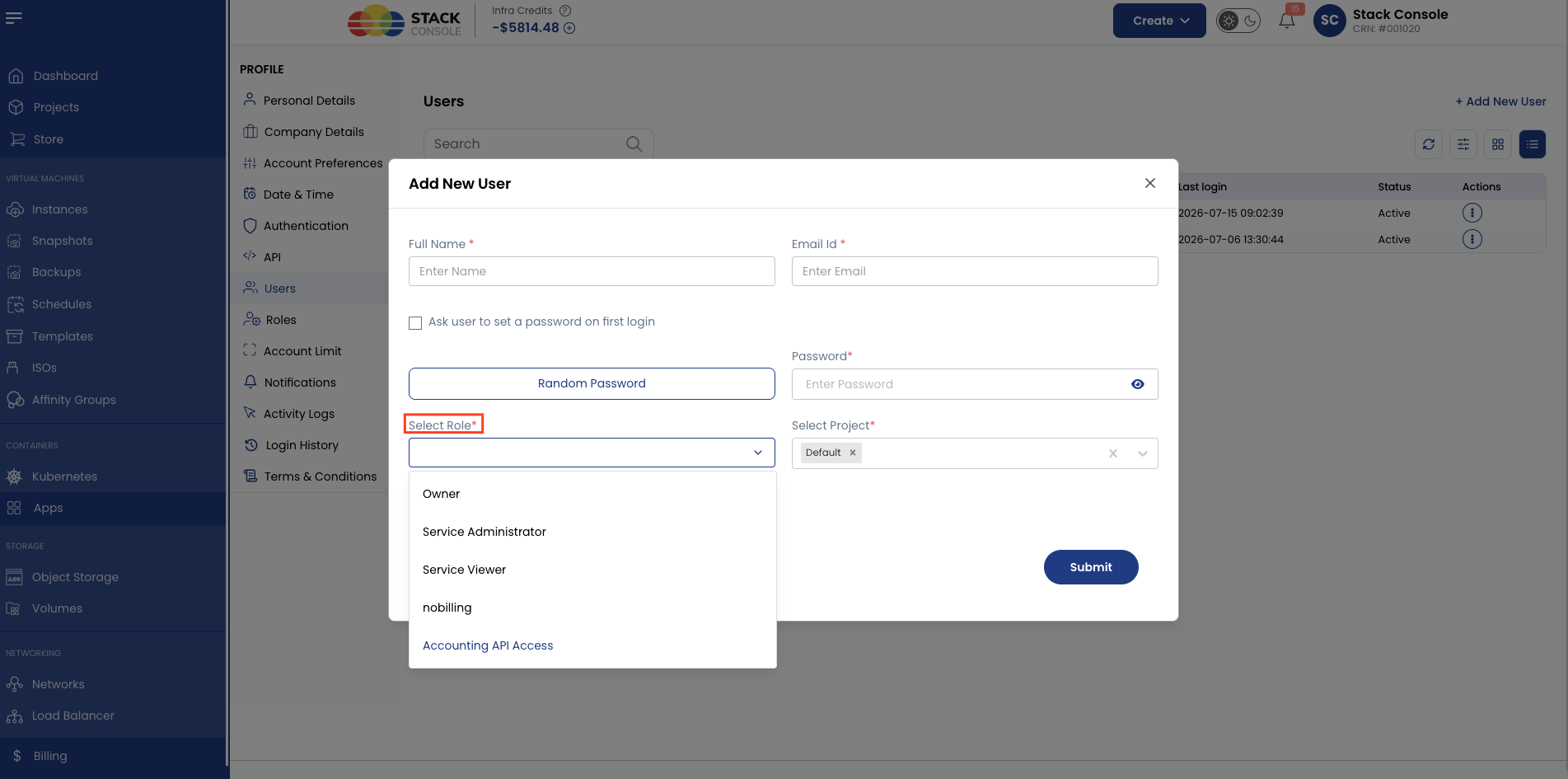 Screenshot: CMP — Create User and assign API role
