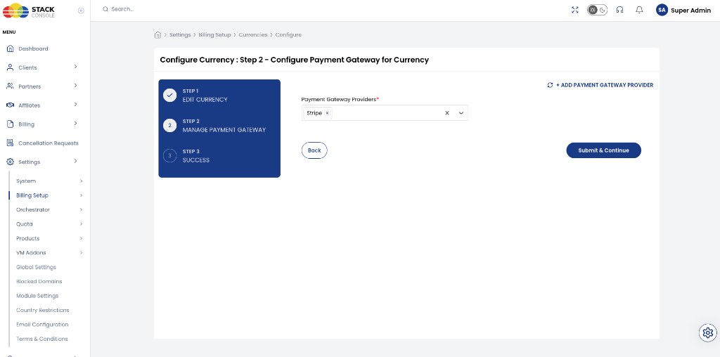 Screenshot: CMP β Configure Currency Step 2 Manage Payment Gateway