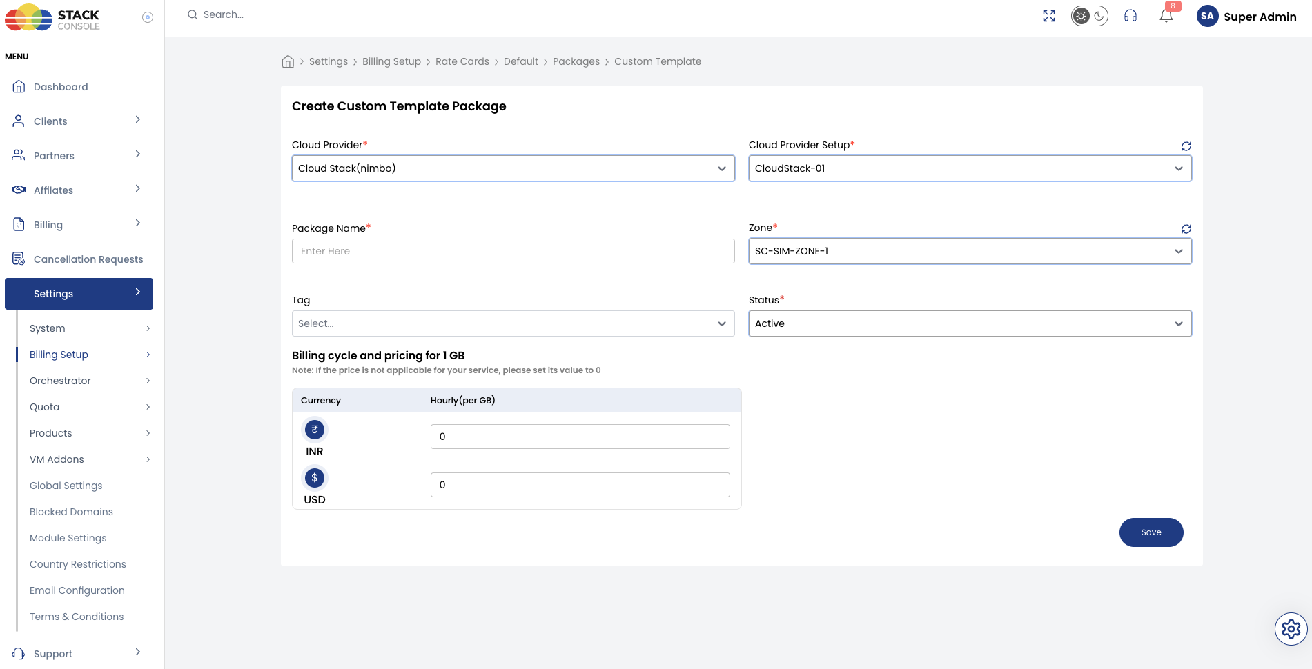 Screenshot: CMP — Create Custom Template Package form