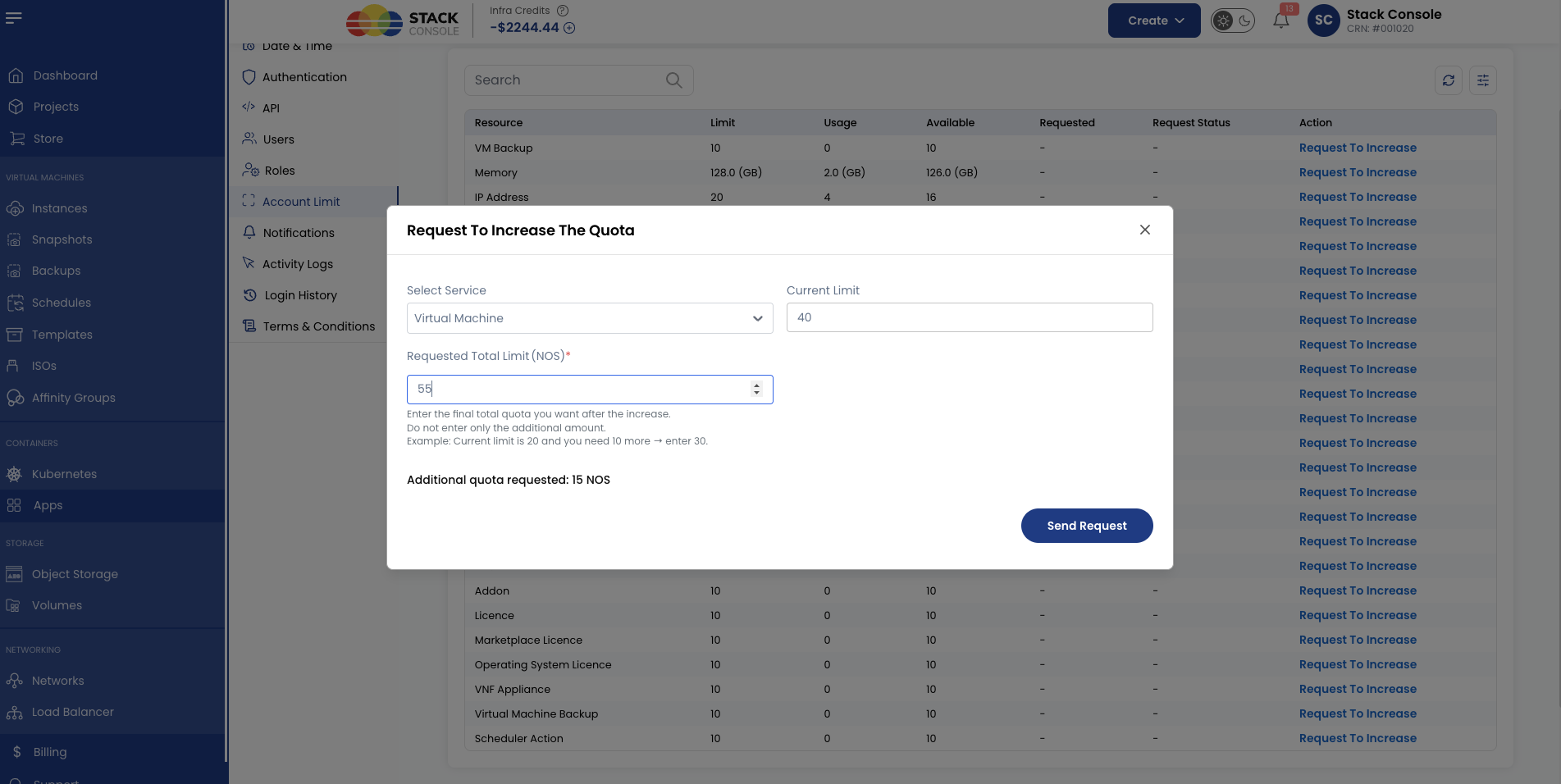 Screenshot: Customer portal — Request To Increase The Quota form