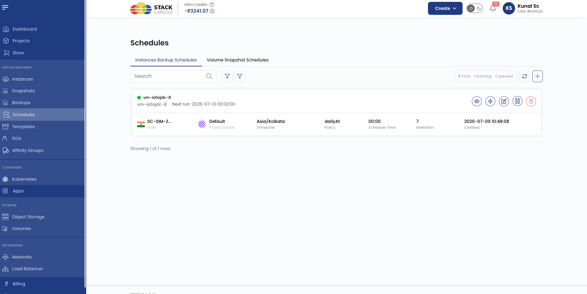 Screenshot: CMP — Customer VM backup creation or schedule