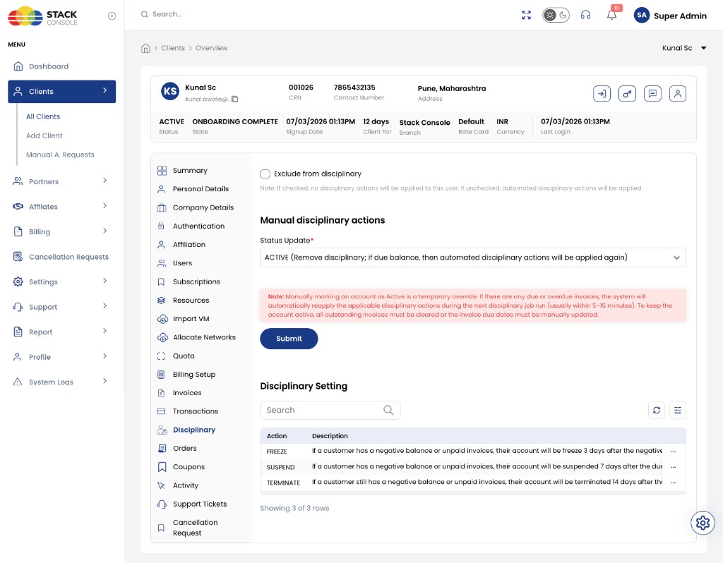 Screenshot: CMP — Clients → Disciplinary (account-level)