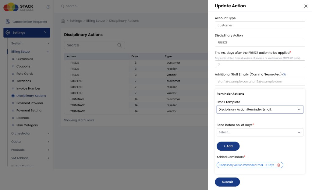 Screenshot: CMP — Update Action form for disciplinary settings