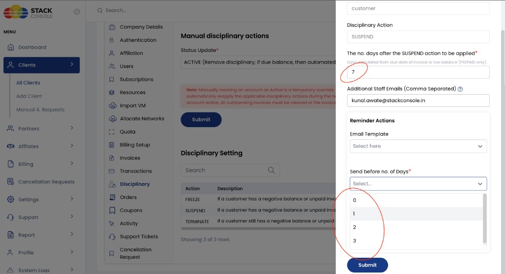 Screenshot: SUSPEND = 7; Send before options 0, 1, 2, 3