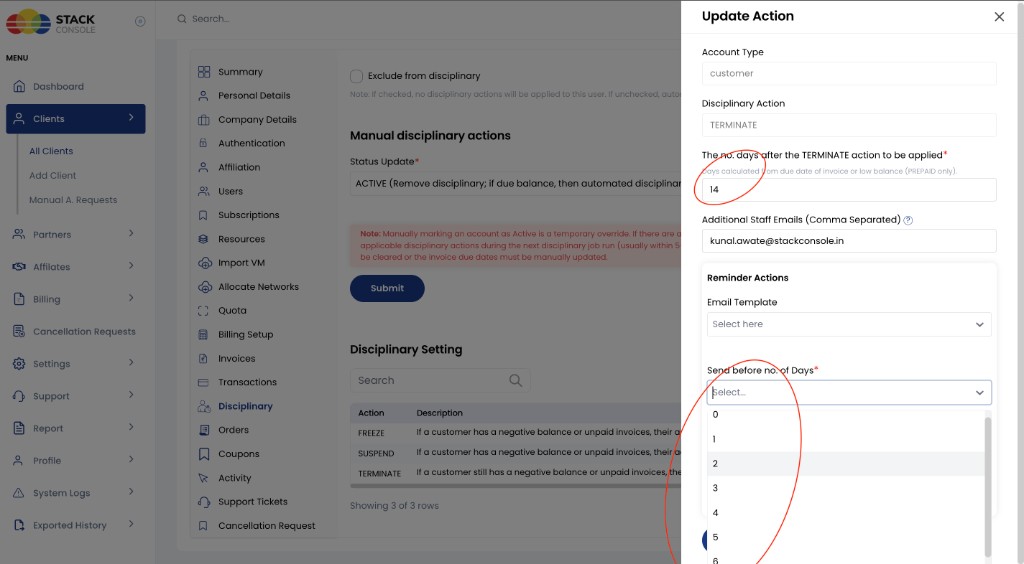 Screenshot: TERMINATE = 14; Send before options 0–6