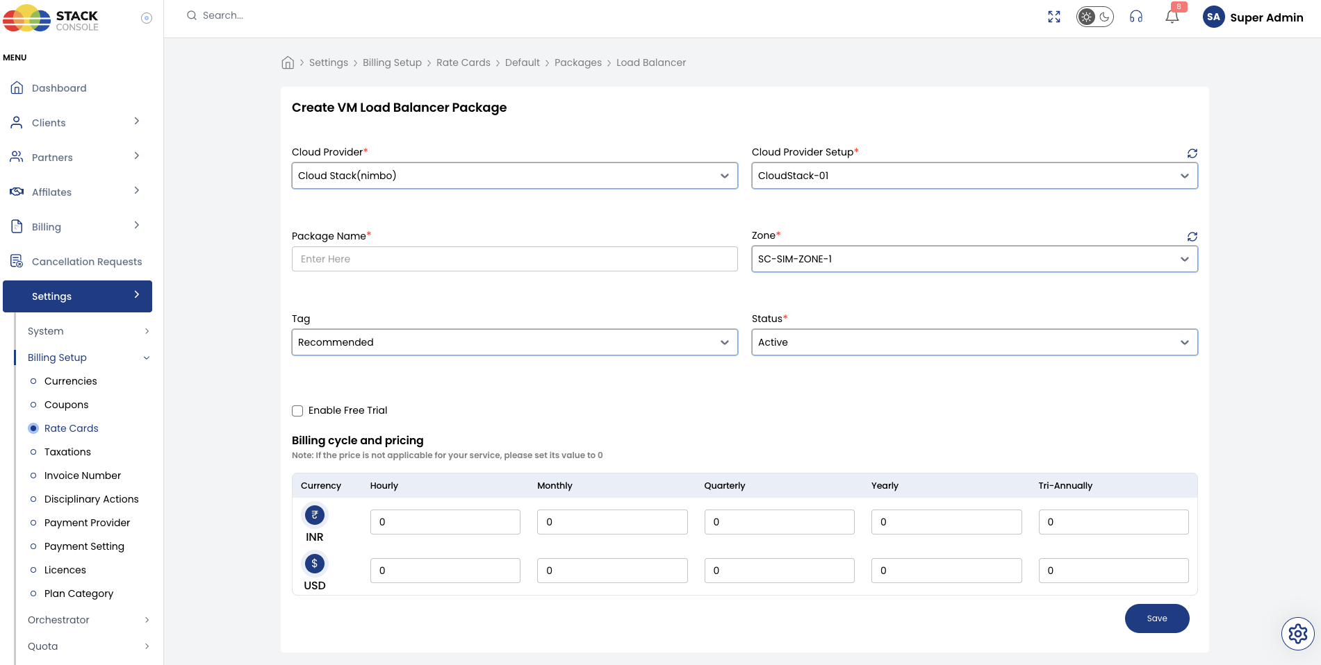 Screenshot: CMP — Create VM Load Balancer Package form