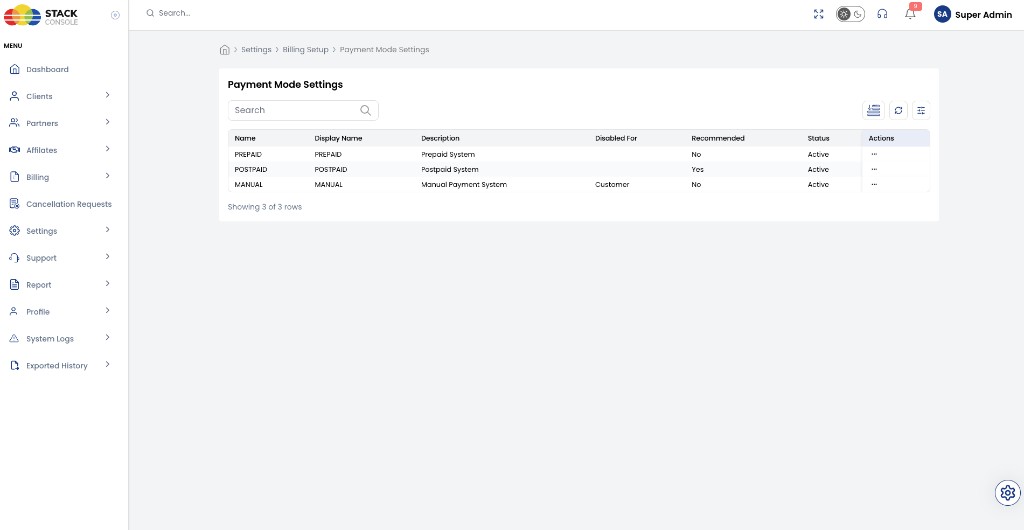 Screenshot: Payment Mode Settings listing