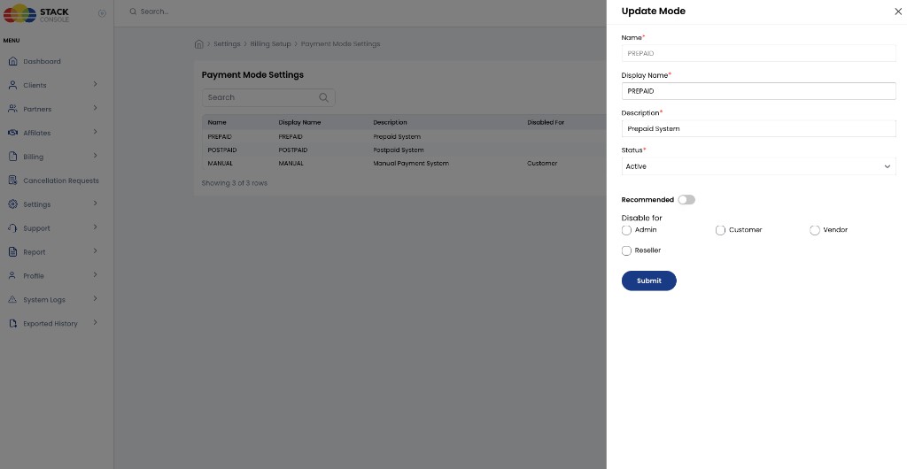 Screenshot: Payment Mode Settings — Update Mode form
