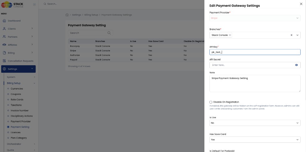 Screenshot: CMP — Edit Payment Gateway Settings for Stripe