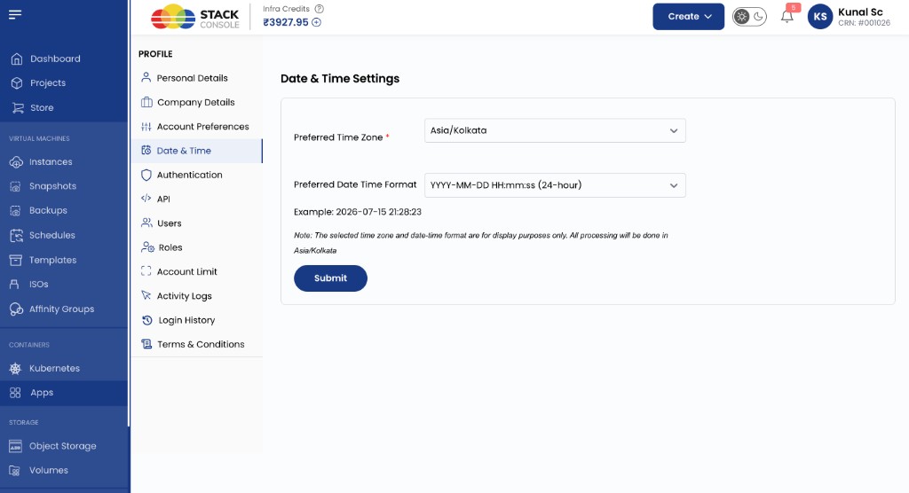 Screenshot: CMP — Profile → Date &amp; Time Settings