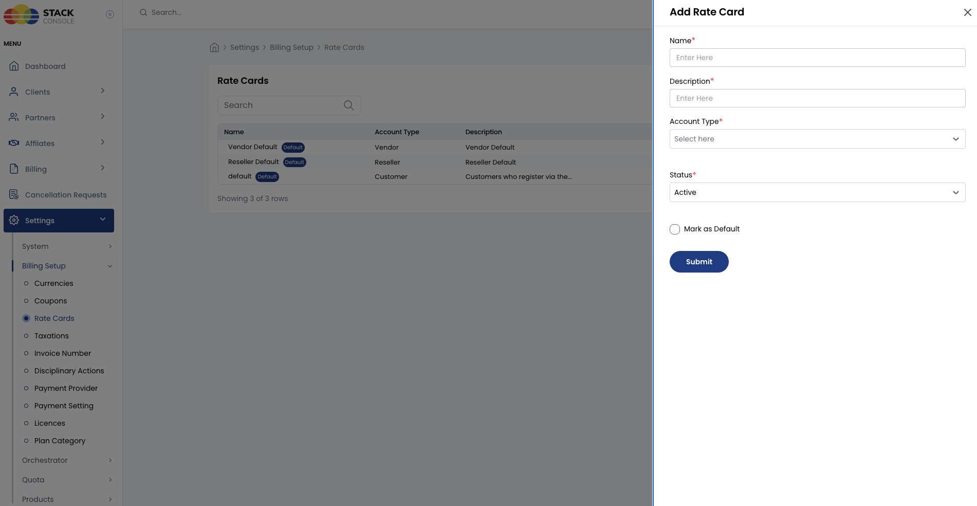 Screenshot: CMP — Add Rate Card form