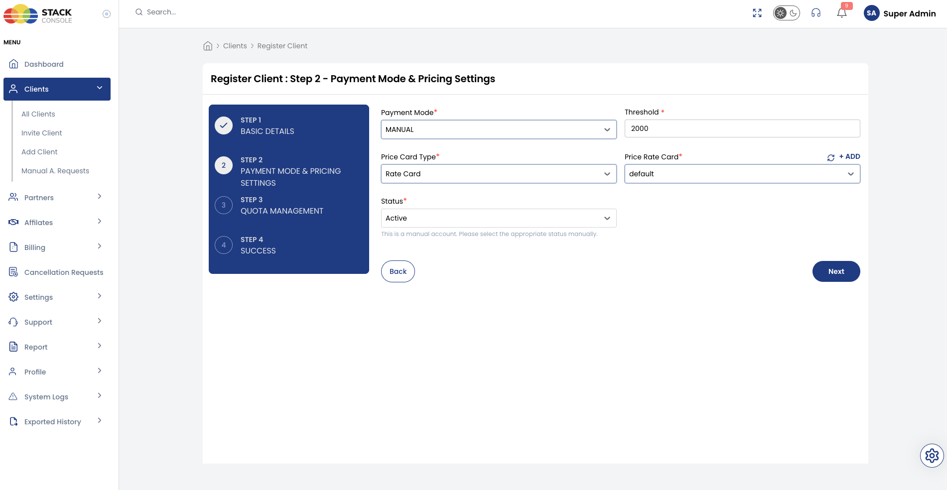 Screenshot: Register Client — Step 2 (Manual)