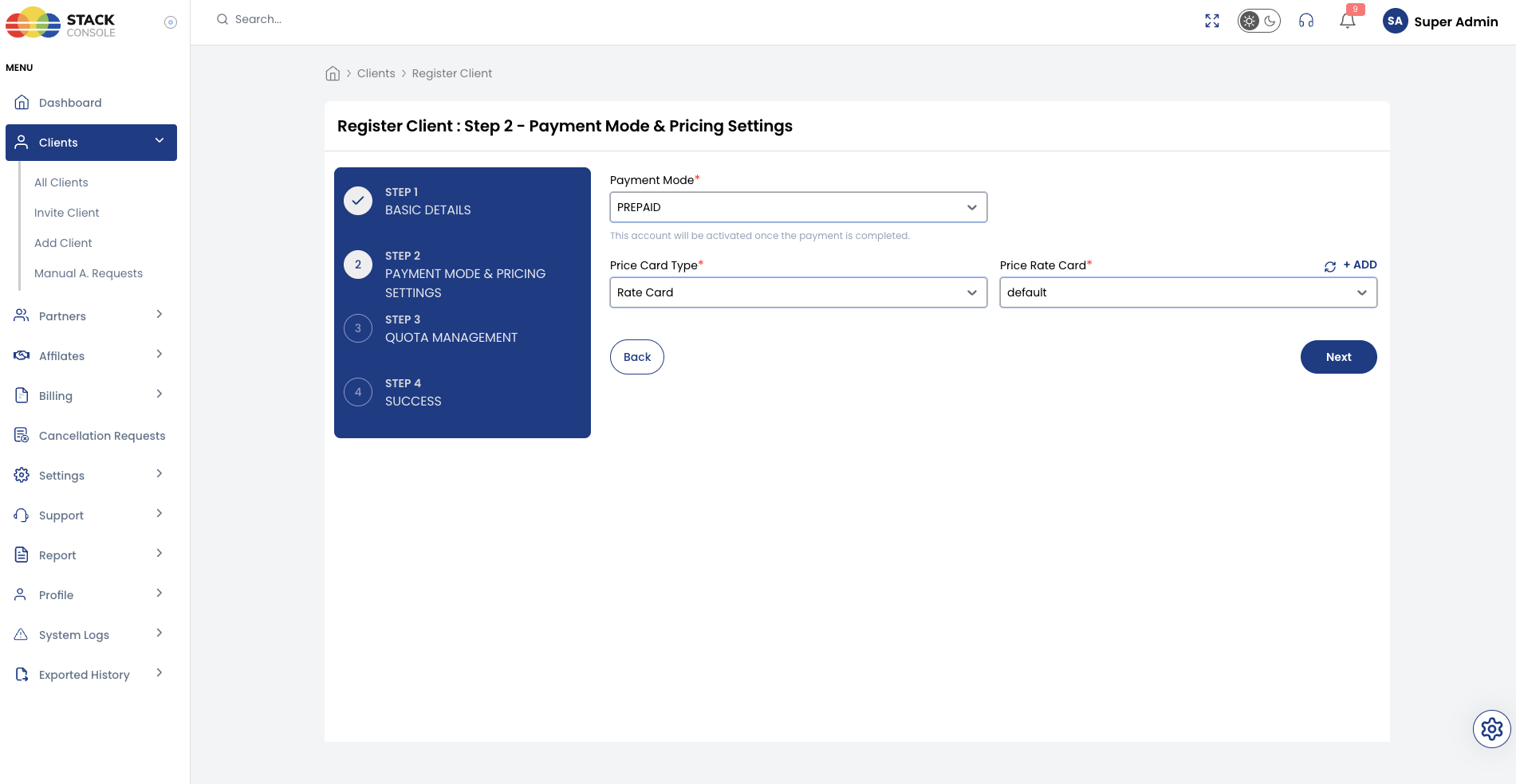 Screenshot: Register Client — Step 2 (Prepaid)