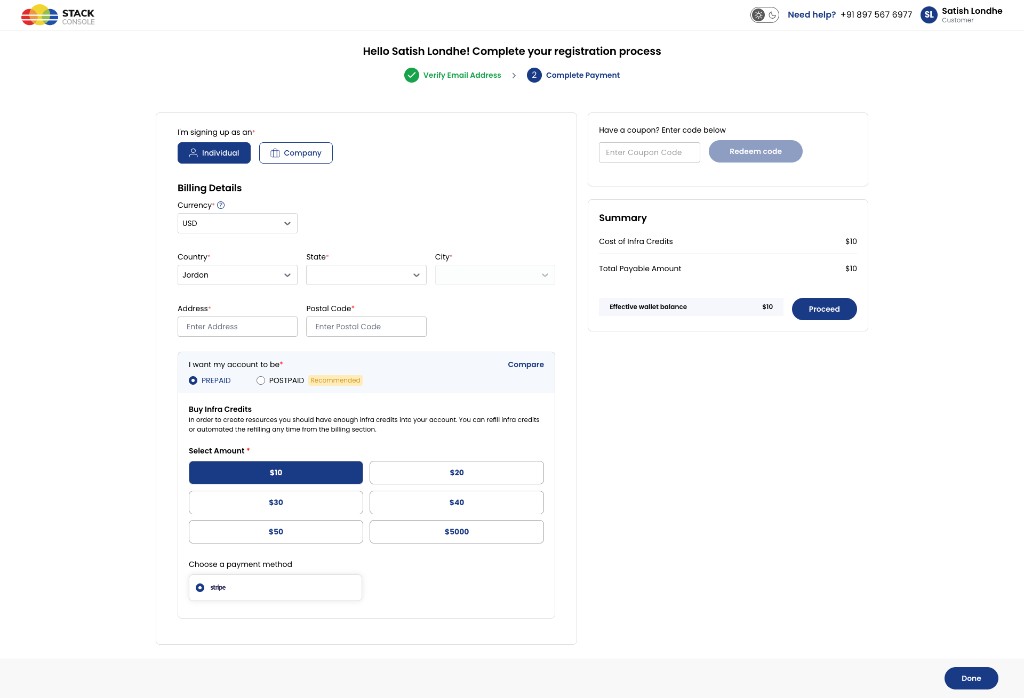 Screenshot: Self-registration — Step 2 Complete Payment, payment mode selection