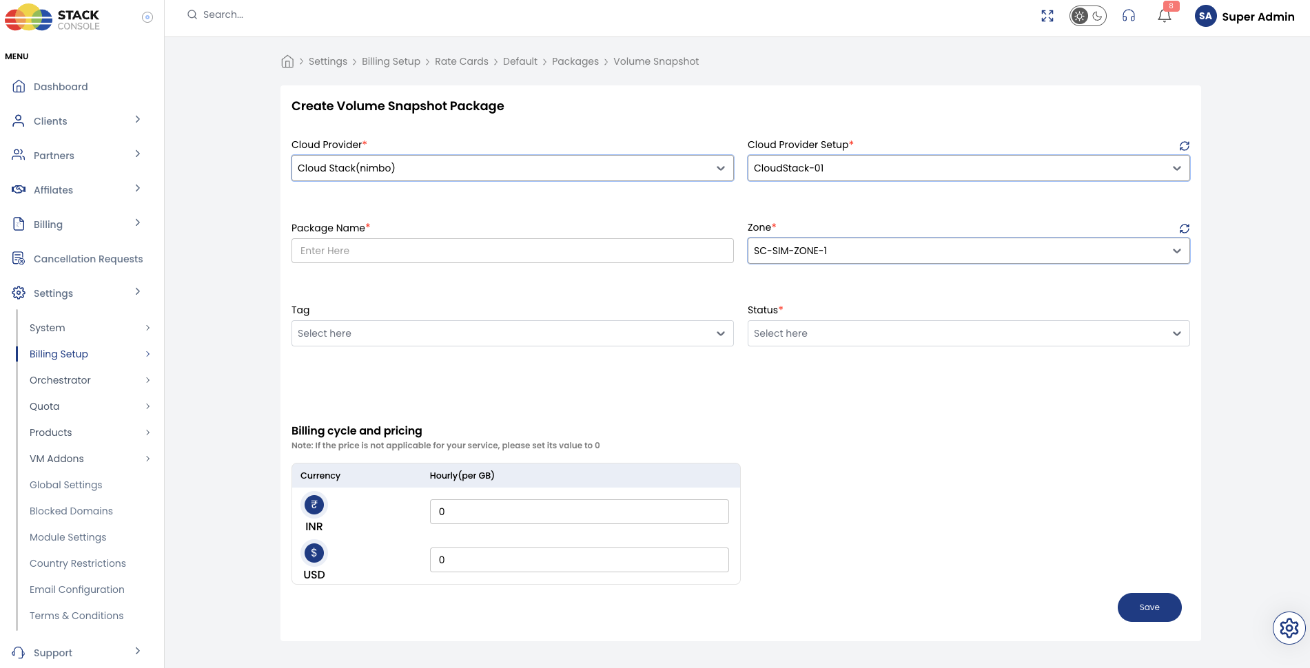 Screenshot: CMP — Create Volume Snapshot Package form