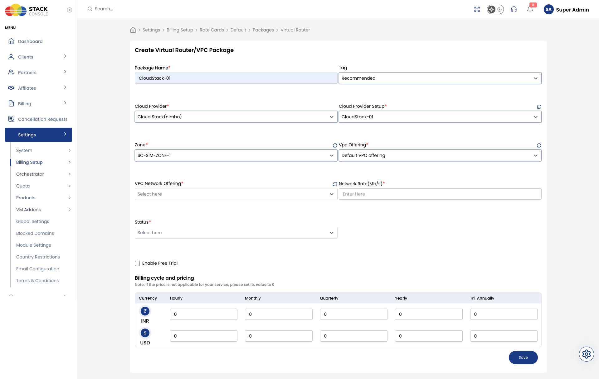 Screenshot: CMP — Create Virtual Router/VPC Package form