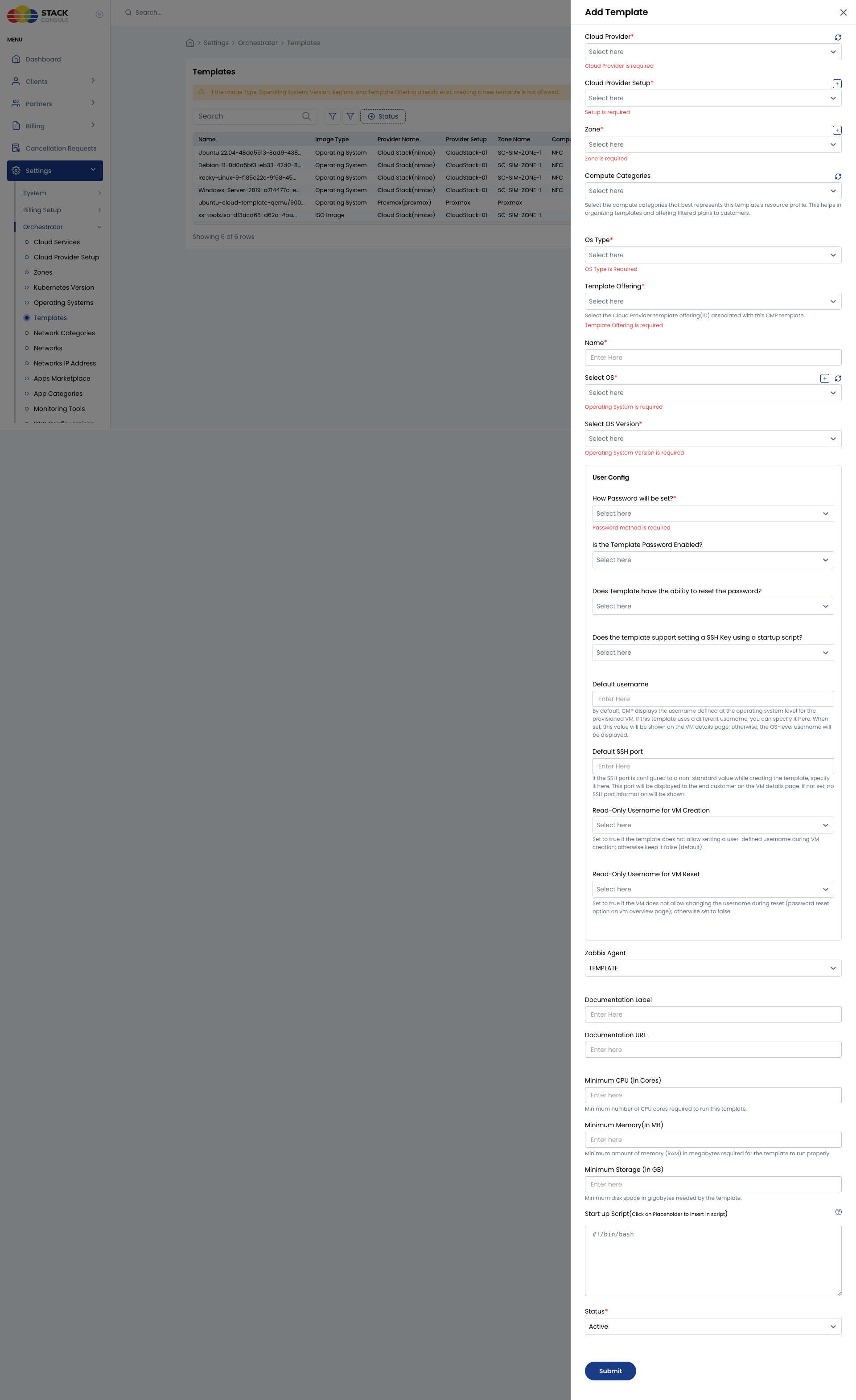 Screenshot: CMP — Create or edit template form